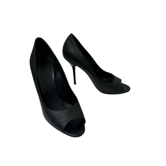Gucci Size 9/39 Guccissima Black Leather Logo Open Toe Pumps - Picture 6 of 8